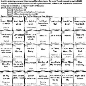 Puede incluir: Instrucciones para un juego de bingo de los a&ntilde;os 80. La lista de llamadas incluye t&iacute;tulos de canciones como "Sweet Child O' Mine" y "Like a Virgin". El juego incluye instrucciones para diferentes tipos de juego y ejemplos.