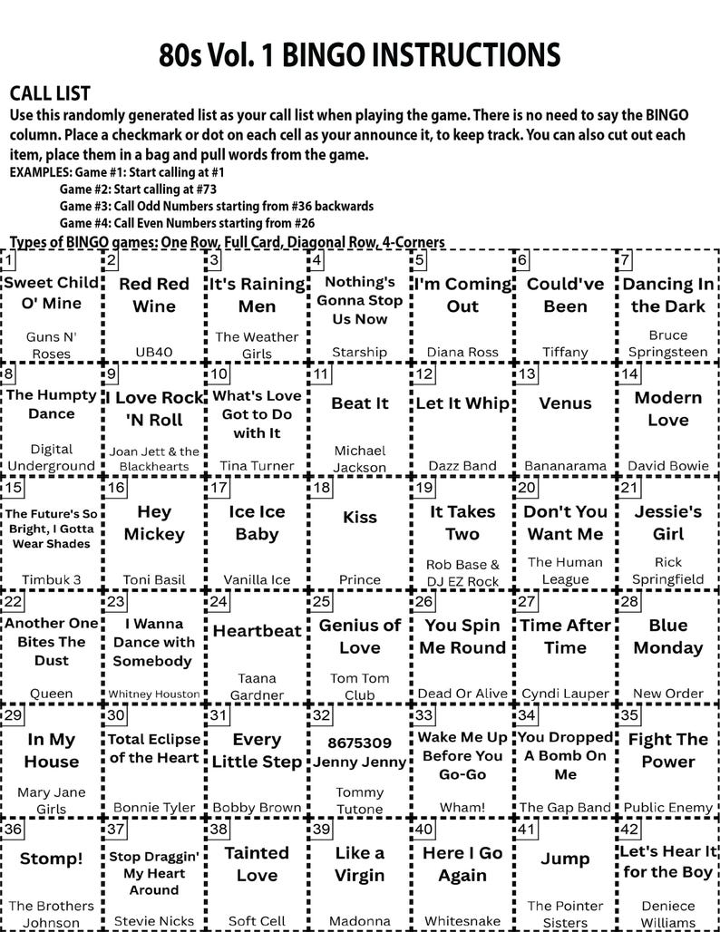 Puede incluir: Instrucciones para un juego de bingo de los a&ntilde;os 80. La lista de llamadas incluye t&iacute;tulos de canciones como "Sweet Child O' Mine" y "Like a Virgin". El juego incluye instrucciones para diferentes tipos de juego y ejemplos.