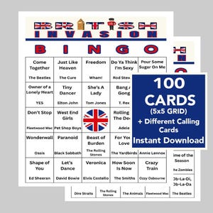 Puede incluir: Un juego de bingo de la Invasi&oacute;n Brit&aacute;nica con 100 cartas, una cuadr&iacute;cula de 5x5 y diferentes cartas de llamada. El juego presenta t&iacute;tulos de canciones y artistas de la &eacute;poca de la Invasi&oacute;n Brit&aacute;nica, incluidos The Beatles y The Rolling Stones. La palabra "Instant Download" tambi&eacute;n es visible.