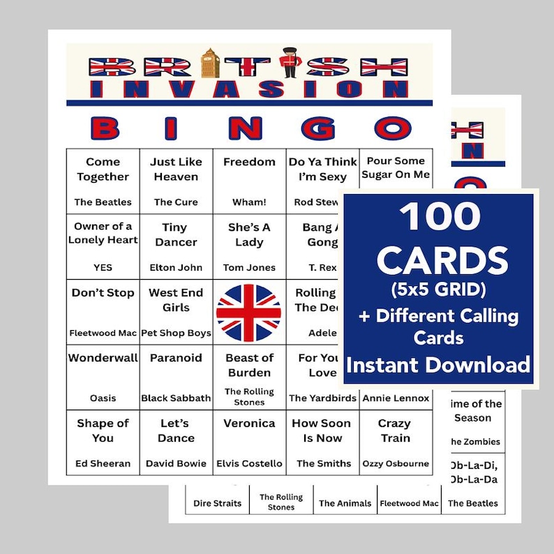 Puede incluir: Un juego de bingo de la Invasi&oacute;n Brit&aacute;nica con 100 cartas, una cuadr&iacute;cula de 5x5 y diferentes cartas de llamada. El juego presenta t&iacute;tulos de canciones y artistas de la &eacute;poca de la Invasi&oacute;n Brit&aacute;nica, incluidos The Beatles y The Rolling Stones. La palabra "Instant Download" tambi&eacute;n es visible.