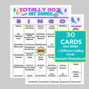Éxitos musicales de los 90, Juego de bingo de los 90, Descarga digital, Juegos de bingo, 30 cartones únicos, 70 canciones, Lista de reproducción de Spotify y Lista de llamadas incluidas