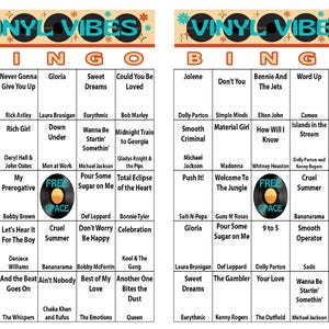Puede incluir: Una tarjeta de bingo colorida con un tema retro de discos de vinilo. La tarjeta presenta canciones populares de los a&ntilde;os 70, 80 y 90. El cuadrado central es un espacio libre con una imagen de disco de vinilo.