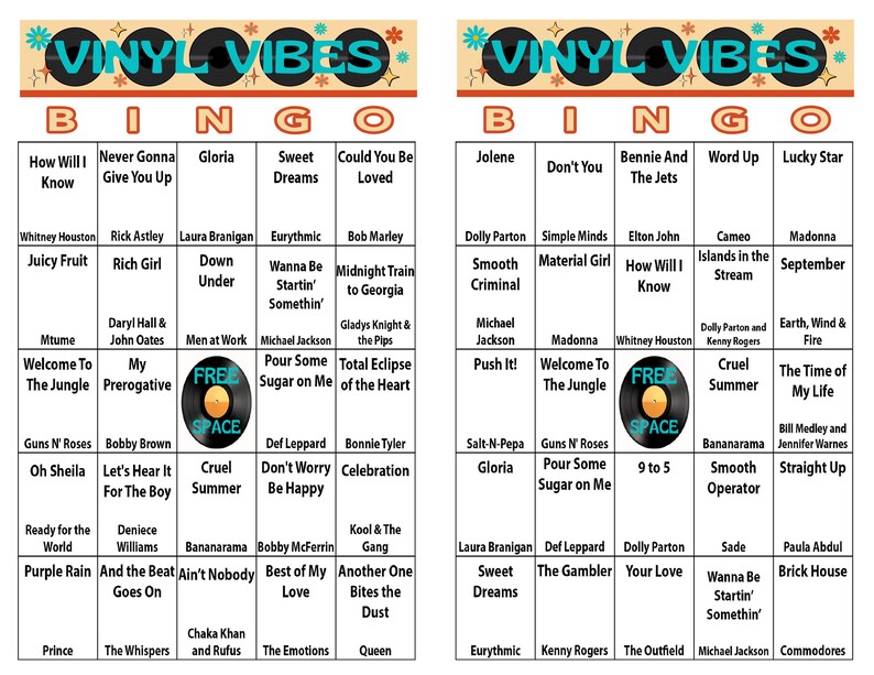 Puede incluir: Una tarjeta de bingo colorida con un tema retro de discos de vinilo. La tarjeta presenta canciones populares de los a&ntilde;os 70, 80 y 90. El cuadrado central es un espacio libre con una imagen de disco de vinilo.