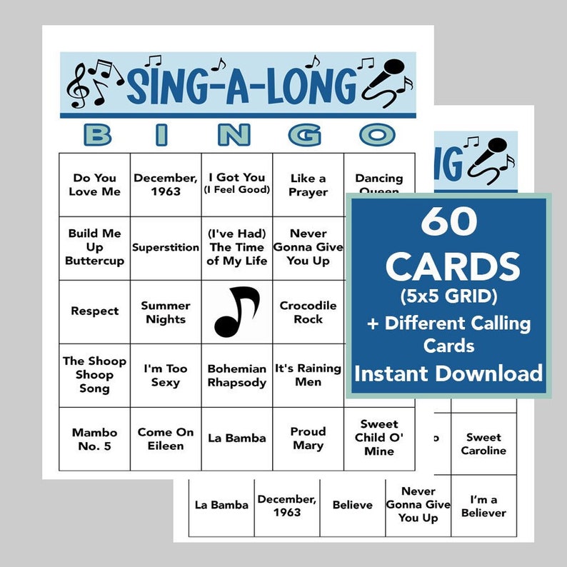 K&ouml;nnte beinhalten: Ein wei&szlig;es Sing-A-Long Bingo-Spiel mit blauem Akzent. Die Bingokarte zeigt Songtitel wie "Dancing Queen" und "Sweet Caroline". Das Bild enth&auml;lt auch ein Kartenset mit 60 Karten und dem Text "Instant Download".