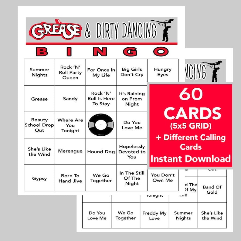 Puede incluir: Un conjunto de tarjetas de bingo imprimibles que incluye 60 tarjetas con una cuadr&iacute;cula de 5x5. Las tarjetas est&aacute;n basadas en las pel&iacute;culas Grease y Dirty Dancing. La tarjeta presenta un disco en blanco y negro, las palabras "Grease", "Sandy", "Do You Love Me", "We Go Together", "You Don't Own Me", "Summer Nights", "She's Like the Wind", "Hungry Eyes", "It's Raining on Prom Night", "Hopelessly Devoted to You", "In the Still of the Night", "Born to Hand Jive", "Where Are You Tonight", "Rock 'N' Roll is Here to Stay", "For Once in My Life", "Beauty School Drop Out", "Big Girls Don't Cry", "Rock 'N' Roll Party Queen", "Hound Dog", "Gypsy", "Freddy My Love", "Band of Gold", "and "d The of My". El texto "60 tarjetas (5x5 cuadr&iacute;cula) + Diferentes tarjetas de llamada Descarga instant&aacute;nea" tambi&eacute;n est&aacute; incluido.