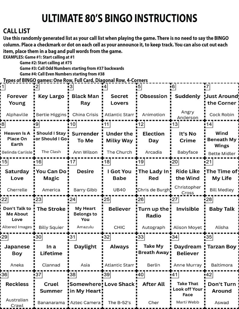 以下が含まれることがあります： 「ULTIMATE 80'S BINGO INSTRUCTIONS」と書かれたビンゴカード。カードには、1980年代の曲名が書かれた正方形のグリッドがあります。「Forever Young」や「Cruel Summer」など。説明は一番上にあります。