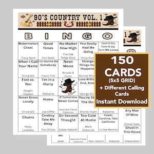 May include: A bingo game set with a country music theme. The game includes 150 cards with a 5x5 grid, plus different calling cards. The title "90's Country Vol. 1" is displayed at the top.