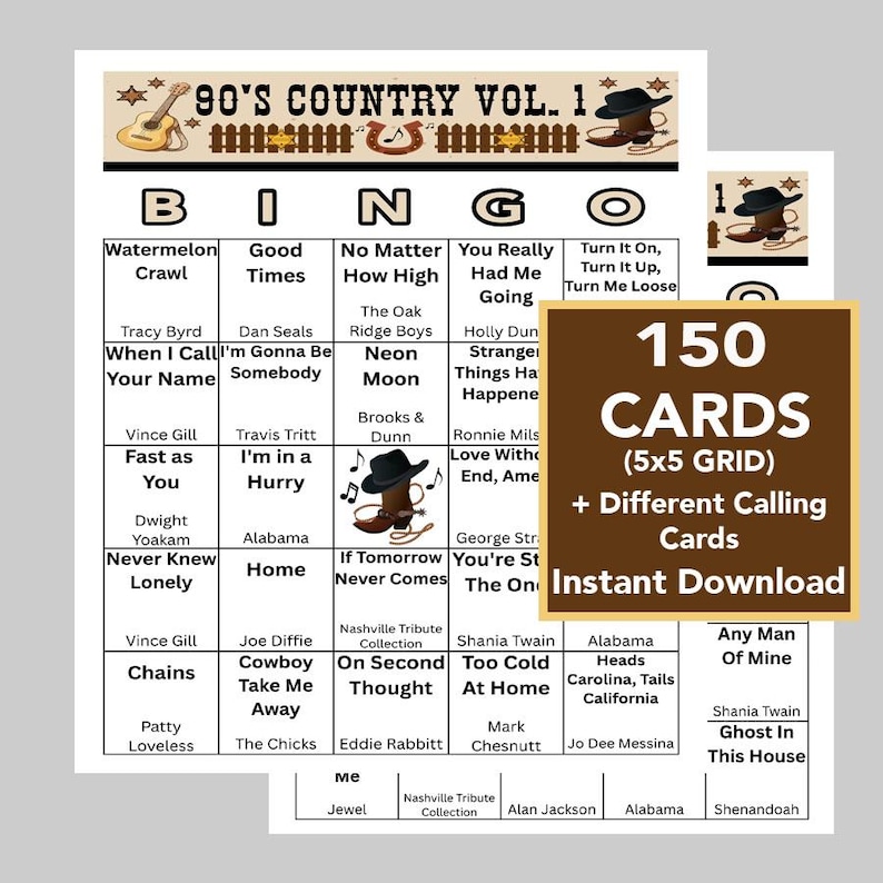 May include: A bingo game set with a country music theme. The game includes 150 cards with a 5x5 grid, plus different calling cards. The title "90's Country Vol. 1" is displayed at the top.