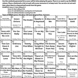 Peut inclure: Une carte de bingo en noir et blanc intitul&eacute;e "Northern Soul Bingo Instructions". La carte pr&eacute;sente une grille de cases avec des phrases telles que "Green Onions" et "The Snake". Les instructions et la liste des appels sont en haut.