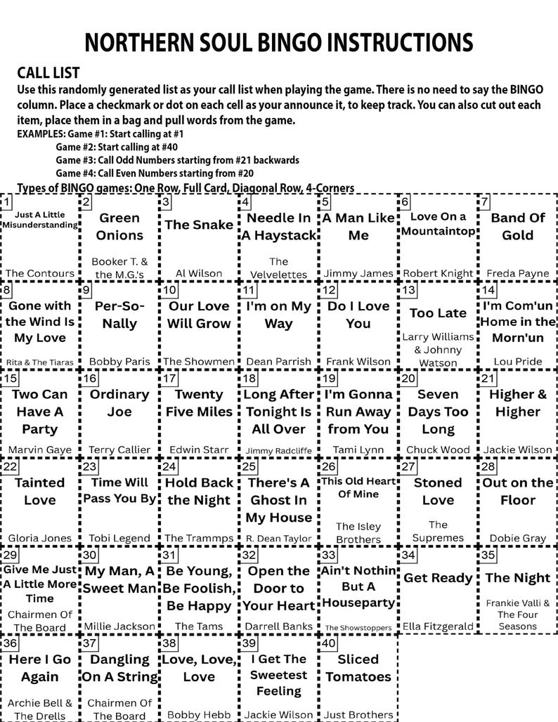 Peut inclure: Une carte de bingo en noir et blanc intitul&eacute;e "Northern Soul Bingo Instructions". La carte pr&eacute;sente une grille de cases avec des phrases telles que "Green Onions" et "The Snake". Les instructions et la liste des appels sont en haut.
