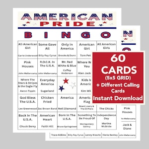American Songs Bingo, USA Bingo, America Pride Music, USA Songs, 60 Different Bingo Cards, Spotify Link Included, 50 Unique Songs