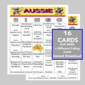 May include: A printable Aussie Bingo game card featuring a 5x5 grid with song titles and artist names. The header displays the word AUSSIE in blue with a koala playing guitar and a kangaroo singing. A central free space shows an Australian map.