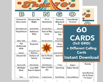 70's Music Hits, 70's Party, 70's Birthday, Digital Download, Bingo Games, Printable, 60 Different Bingo cards, Spotify Link, 47 Songs