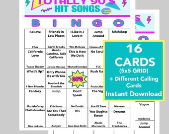 Éxitos musicales de los 90, Juego de bingo de los 90, Descarga digital, Juegos de bingo, 16 cartones únicos, 70 canciones, Lista de reproducción de Spotify y Lista de llamadas incluidas