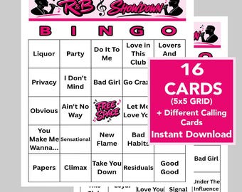 R&B Music Hits, Rhythm and Blues Party, Digital Download, Music Bingo Games, Printable Games, 16 Bingo cards, Music Playlist Included