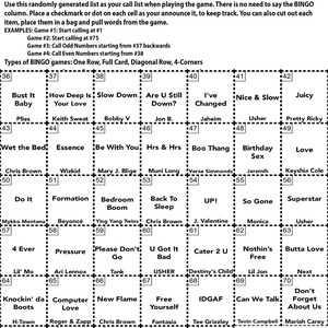 May include: A black and white bingo card with a list of R&B and soul music songs. The card is divided into a 5x5 grid with each square containing a song title. The card is titled "R&B Soul Music Bingo Instructions".