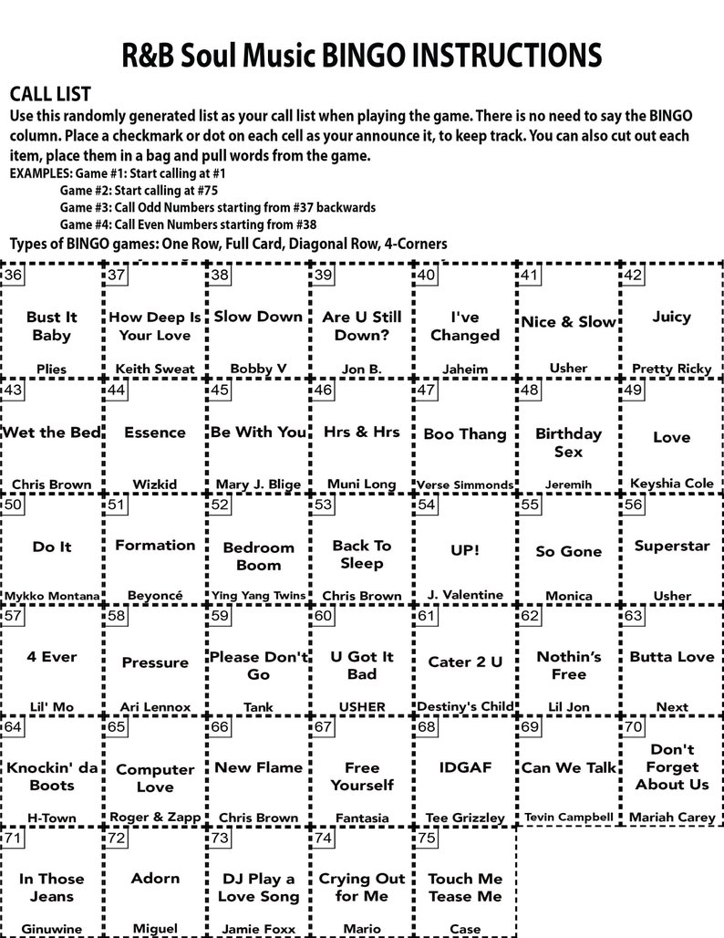 May include: A black and white bingo card with a list of R&B and soul music songs. The card is divided into a 5x5 grid with each square containing a song title. The card is titled "R&B Soul Music Bingo Instructions".
