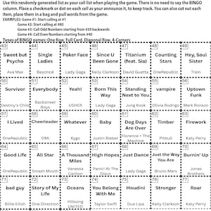 May include: Radio Throwback Hits Bingo game instructions with a call list. The bingo card includes song titles like "Poker Face" and "Hey, Soul Sister". The game includes instructions for different bingo game types.