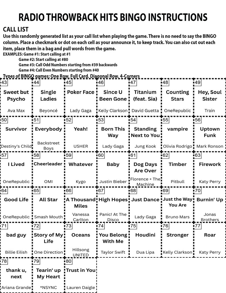 May include: Radio Throwback Hits Bingo game instructions with a call list. The bingo card includes song titles like "Poker Face" and "Hey, Soul Sister". The game includes instructions for different bingo game types.
