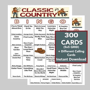 Country Music Hits, Classic Country Music, Music Bingo, Digital Download, 300 Different Bingo cards, Spotify Playlist included, 42 songs
