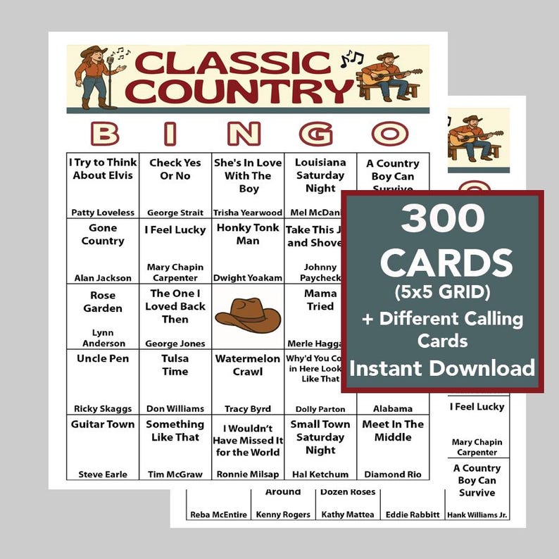 May include: A Classic Country Bingo game with 300 cards in a 5x5 grid, featuring country music artists and song titles. The game includes different calling cards and is available for instant download. The design includes a cowboy playing guitar.