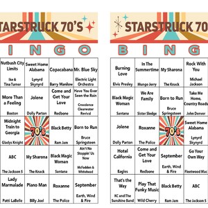 May include: A colorful bingo card with a 70's theme. The card features popular songs, artists, and events from the 1970s.  The center square has a 70's graphic.