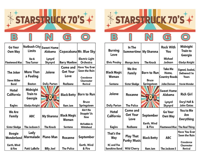 May include: A colorful bingo card with a 70's theme. The card features popular songs, artists, and events from the 1970s.  The center square has a 70's graphic.