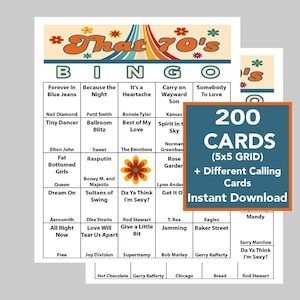 May include: A set of bingo cards with a 1970s theme. The cards display song titles and artist names. The main card reads "That 70's Bingo" with 200 cards, a 5x5 grid, and different calling cards. Instant Download.