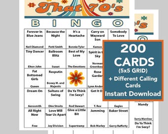 70's Music Hits Bingo Game, 200 Cards, Spotify (Digital Download)