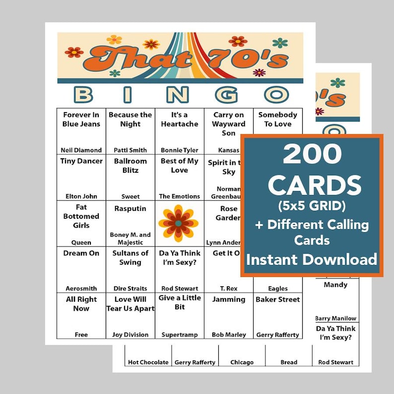 May include: A set of bingo cards with a 1970s theme. The cards display song titles and artist names. The main card reads "That 70's Bingo" with 200 cards, a 5x5 grid, and different calling cards. Instant Download.