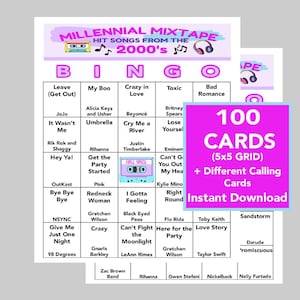 Música de los 2000, Bingo musical de los 2000, Descarga digital instantánea, Lista de reproducción de Spotify incluida, 70 canciones diferentes, 100 tarjetas de bingo únicas