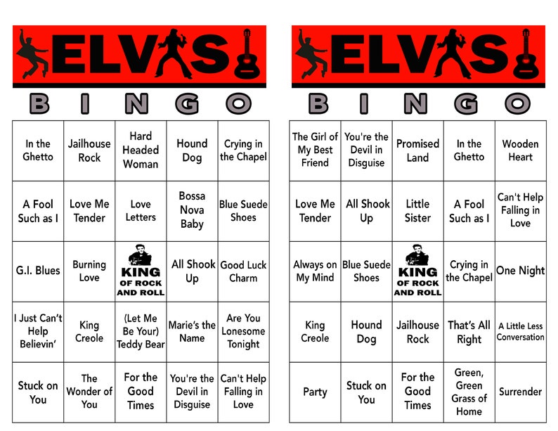 May include: A black and white bingo card with the title "Elvis Bingo". The card features a variety of Elvis Presley song titles, including "Jailhouse Rock", "Hound Dog", "Love Me Tender", "All Shook Up", and "Can't Help Falling in Love".