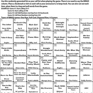 May include: A bingo card with a list of 70s songs. The card is divided into a grid of 49 squares, each containing a different song title. The card is designed to be used for a bingo game.