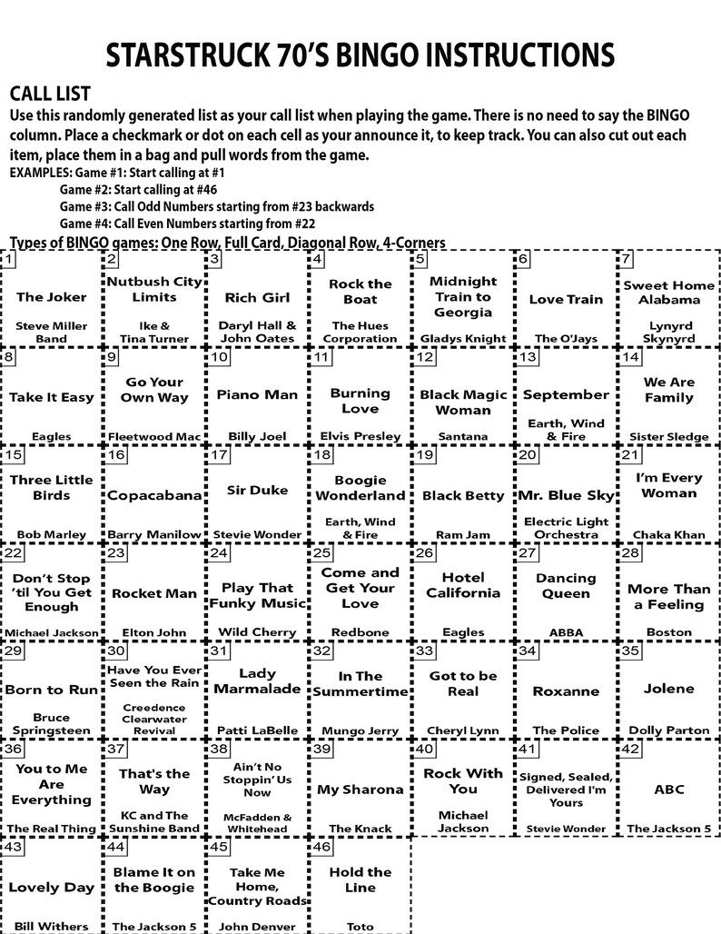 May include: A bingo card with a list of 70s songs. The card is divided into a grid of 49 squares, each containing a different song title. The card is designed to be used for a bingo game.