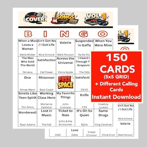 May include: A bingo card set with a music theme. The cards feature song titles and artist names, with a red card that says "150 Cards (5x5 Grid) + Different Calling Cards Instant Download".