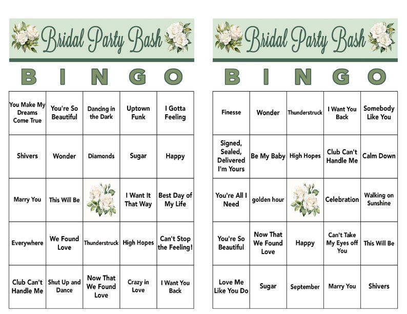 Op de afbeelding: Een printbare bingo-kaart voor een bruiloftsfeest met een groene achtergrond en witte bloemen. De kaart heeft 25 vakjes met verschillende zinnen die te maken hebben met een bruiloft, zoals "You're So Beautiful", "I Want It That Way" en "Club Can't Handle Me".