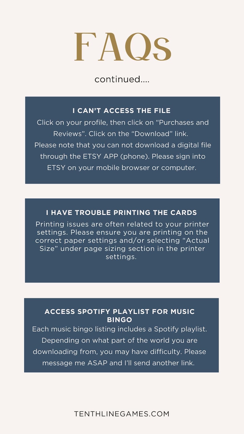 K&ouml;nnte beinhalten: Ein digitales FAQ-Blatt mit Text in einer Serifenschrift. Das Blatt befasst sich mit Problemen wie dem Zugriff auf Dateien, dem Drucken von Karten und dem Zugriff auf Spotify-Playlists f&uuml;r Musik-Bingo. Die Website-Adresse ist ebenfalls enthalten.
