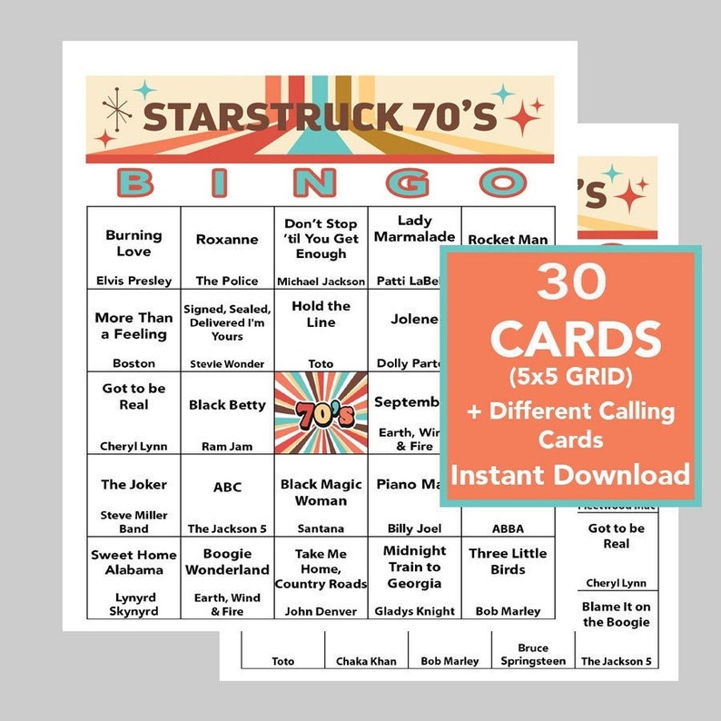 May include: A printable bingo card with a 70's theme. The card has a 5x5 grid with squares containing song titles and artist names from the 1970s. The card is titled "Starstruck 70's Bingo".