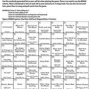 Pu&ograve; includere: Una scheda di bingo in bianco e nero con un elenco di canzoni e artisti blues. La scheda &egrave; divisa in una griglia 5x5 con ogni quadrato che contiene una canzone o un artista diverso. La scheda &egrave; intitolata "Istruzioni per il Bingo Blues".