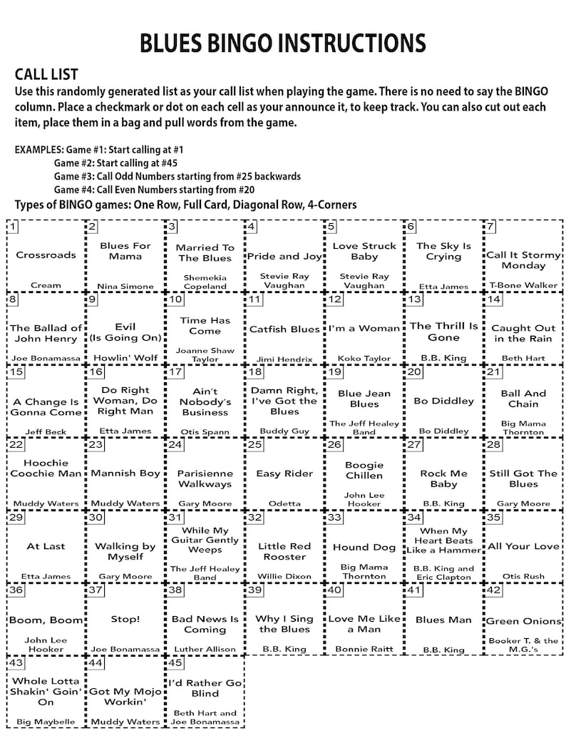 Pu&ograve; includere: Una scheda di bingo in bianco e nero con un elenco di canzoni e artisti blues. La scheda &egrave; divisa in una griglia 5x5 con ogni quadrato che contiene una canzone o un artista diverso. La scheda &egrave; intitolata "Istruzioni per il Bingo Blues".