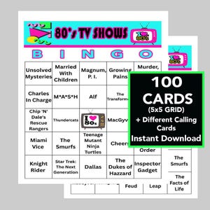 80s TV Shows Bingo Game, 100 Cards, Party Activity (Digital Download)