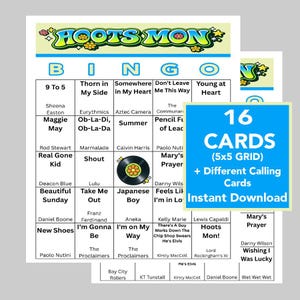 Peut inclure: Un jeu de bingo avec un design color&eacute;, avec le texte "HOOTS MON" en haut. L'ensemble comprend 16 cartes avec une grille 5x5 et diff&eacute;rentes cartes d'appel. Les mots "T&eacute;l&eacute;chargement instantan&eacute;" sont &eacute;galement visibles.