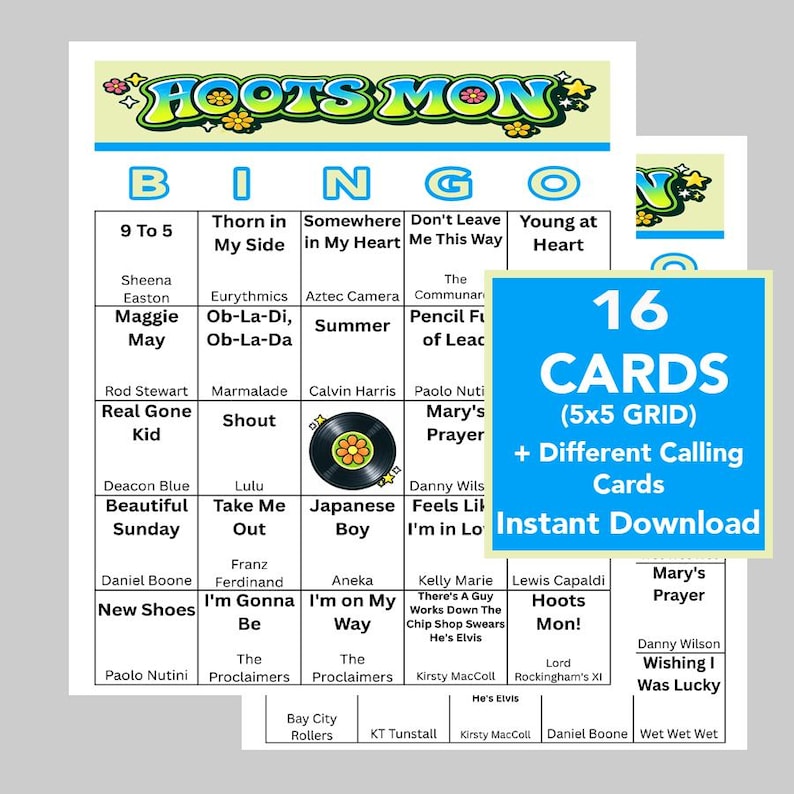 Peut inclure: Un jeu de bingo avec un design color&eacute;, avec le texte "HOOTS MON" en haut. L'ensemble comprend 16 cartes avec une grille 5x5 et diff&eacute;rentes cartes d'appel. Les mots "T&eacute;l&eacute;chargement instantan&eacute;" sont &eacute;galement visibles.
