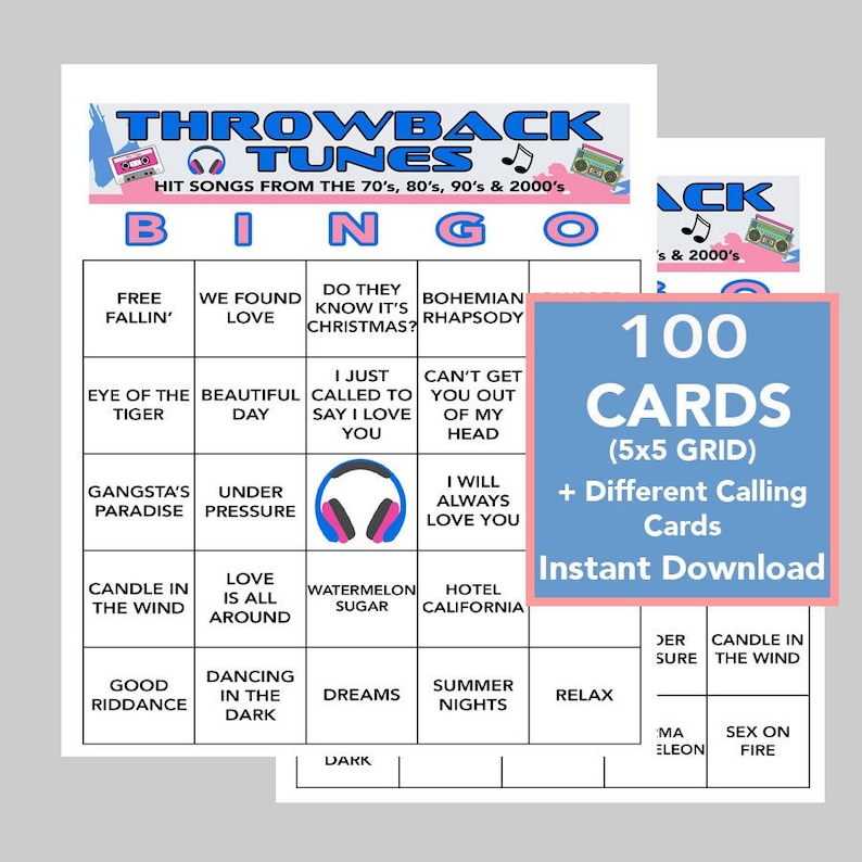 70's, 80's, 90's, 2000's, 2010's Music, Music Birthday, Music Bingo, Instant Digital Download, 100 Different Bingo cards, Spotify Playlist image 1