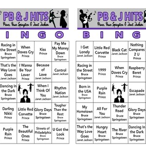 May include: A purple and white bingo card with the title "PB&J HITS" featuring songs by Prince, Bruce Springsteen, and Janet Jackson. The card has 25 squares with song titles like "Purple Rain", "Dancing in the Dark", and "Raspberry Beret".