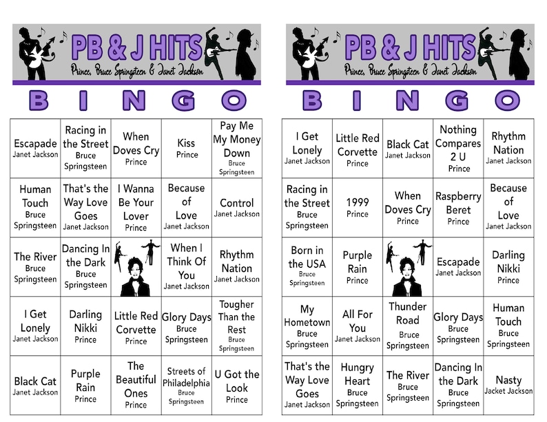 May include: A purple and white bingo card with the title "PB&J HITS" featuring songs by Prince, Bruce Springsteen, and Janet Jackson. The card has 25 squares with song titles like "Purple Rain", "Dancing in the Dark", and "Raspberry Beret".