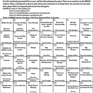 May include: A Swingin' Sixties Bingo game instruction sheet with a call list and examples. The bingo card features song titles and artists from the 1960s, including The Beatles and Elvis Presley.