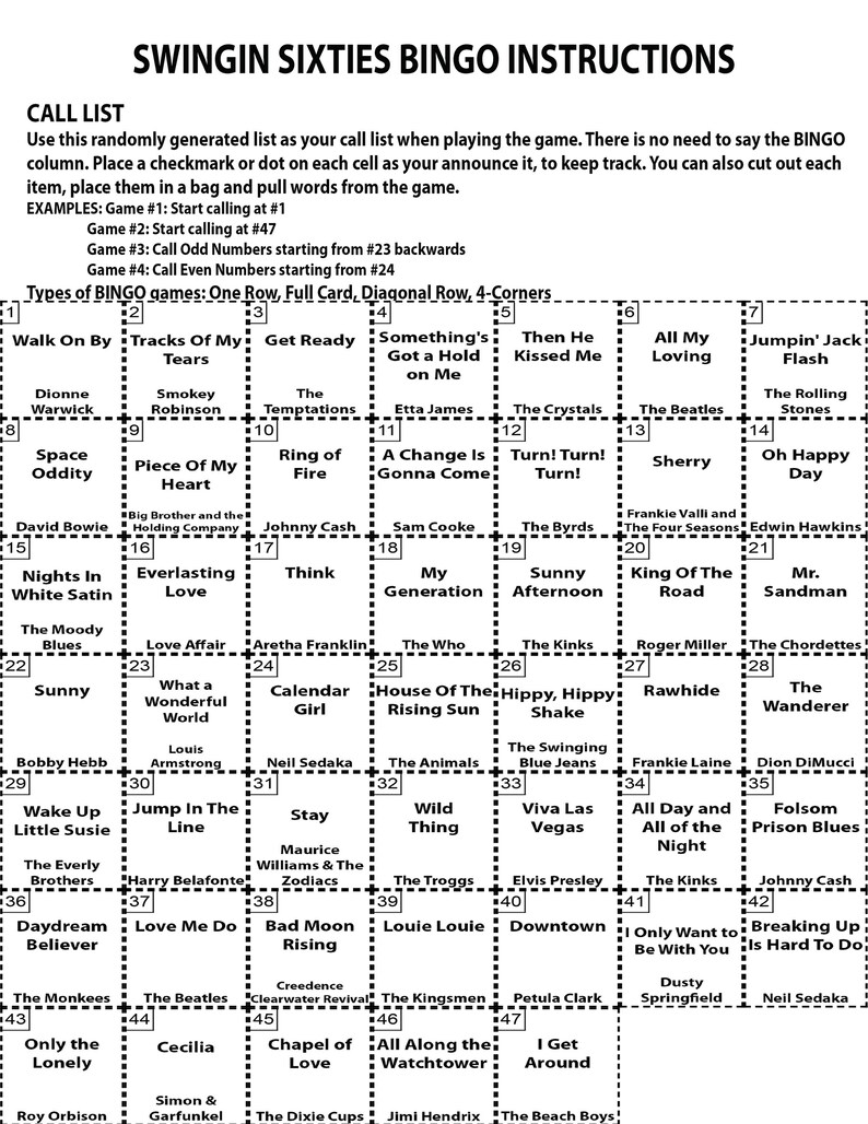 May include: A Swingin' Sixties Bingo game instruction sheet with a call list and examples. The bingo card features song titles and artists from the 1960s, including The Beatles and Elvis Presley.