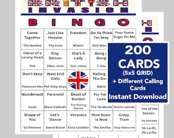 英国音楽ビンゴゲーム、カード200枚、Spotifyプレイリスト付き（デジタルダウンロード）