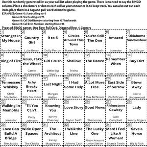 May include: A bingo card with a black and white design, titled "COUNTRY HITS BINGO INSTRUCTIONS". The card is a grid of squares, each containing country music song titles and artist names. Instructions are also provided.